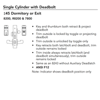 Sargent 8245 mortise lock body, dormitory/exit function, single cylinder with deadbolt, ANSI F12 diagram