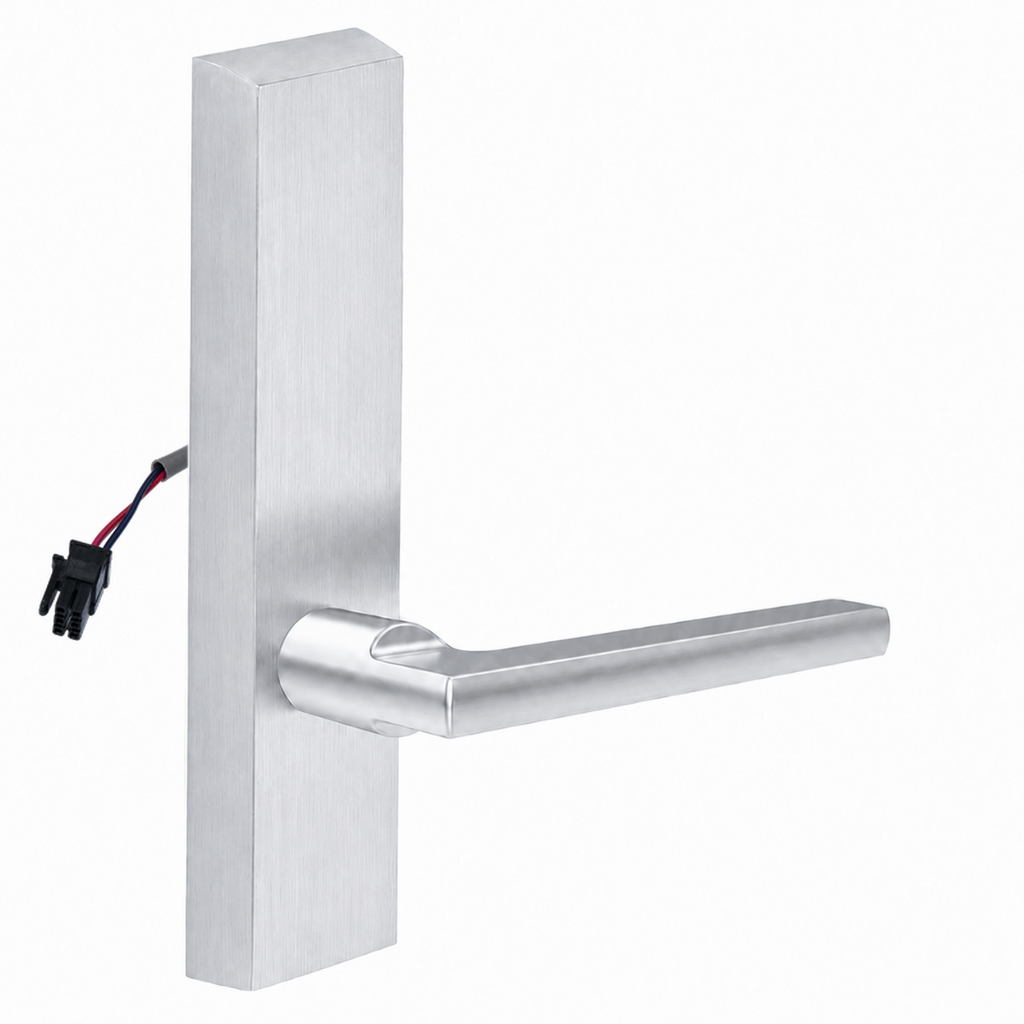 SARGENT 773-8-ETMD-24V-US26D electrified exit trim with MD lever, satin chrome finish, rectangular escutcheon