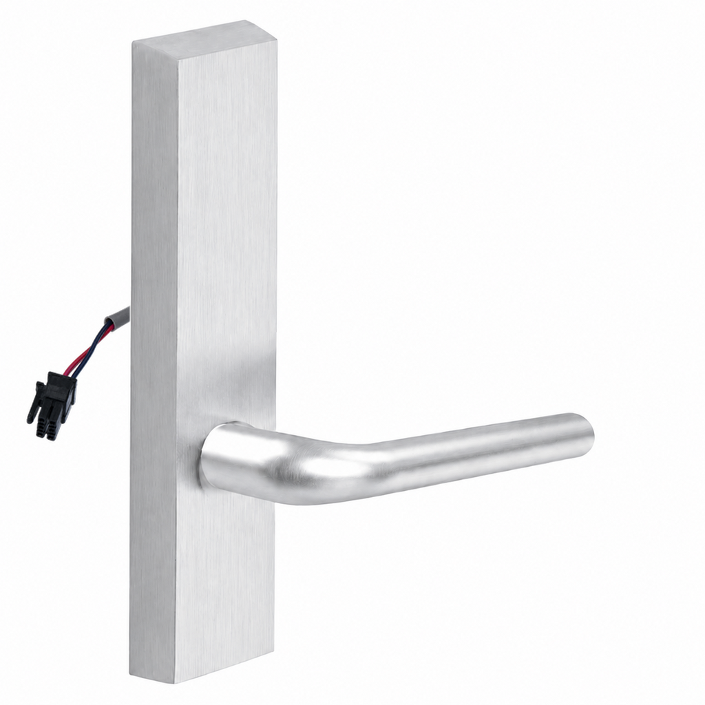 SARGENT 773-8-ETME-12V US26D electrified exit trim with ME lever, satin chrome rectangular escutcheon