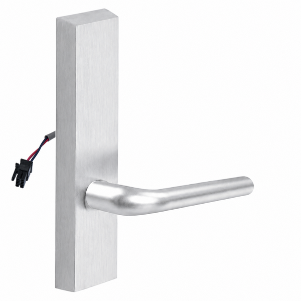 SARGENT 773-8-ETME-24V-US26D electrified exit trim with ME lever, satin chrome rectangular escutcheon