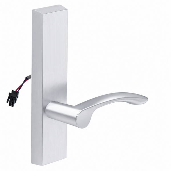 SARGENT 773-8-ETMV-12V US26D electrified exit trim with MV lever, satin chrome rectangular escutcheon
