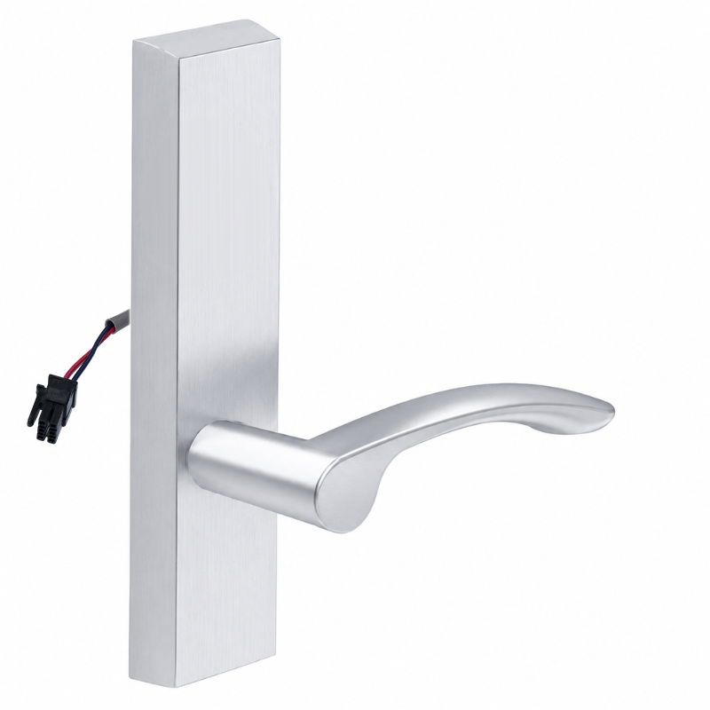 SARGENT 773-8-ETMV-24V-US26D electrified exit trim with MV lever, satin chrome rectangular escutcheon