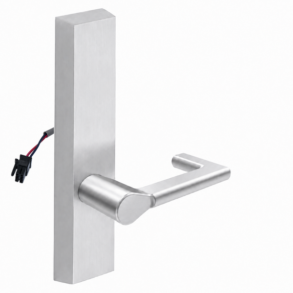 SARGENT 773-8-ETND-24V US26D electrified exit trim with ND lever, satin chrome rectangular escutcheon