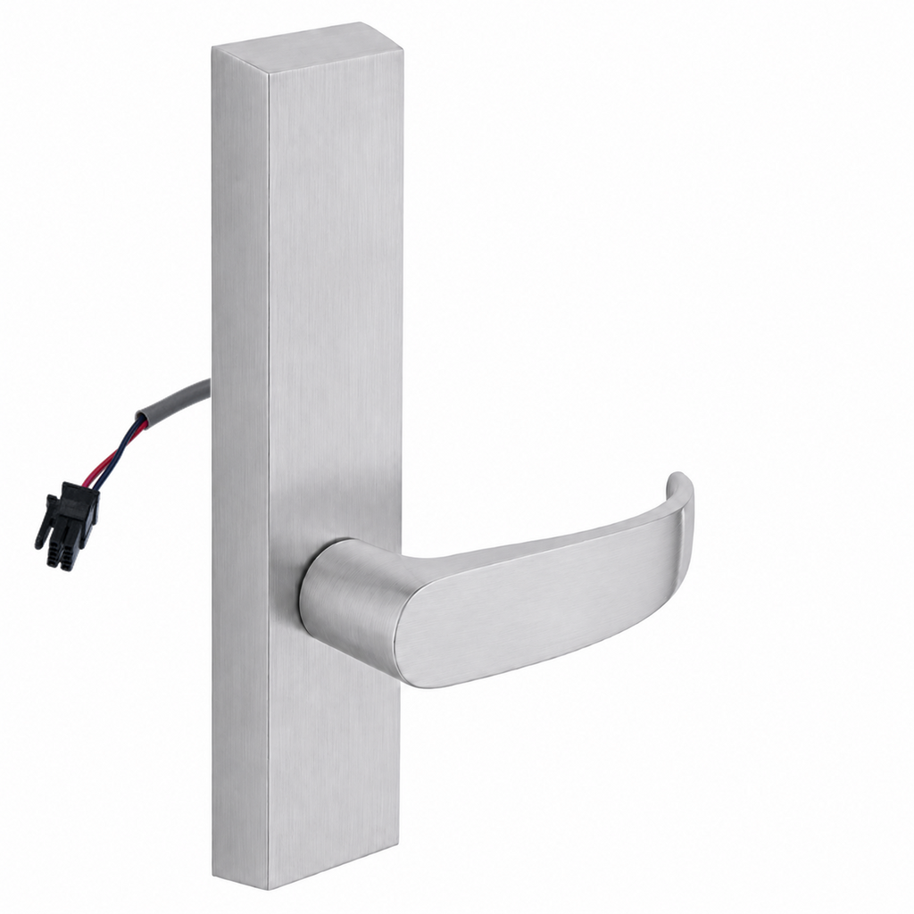 SARGENT 773-8-ETP-24V-US26D electrified exit trim with P lever, satin chrome finish, rectangular escutcheon