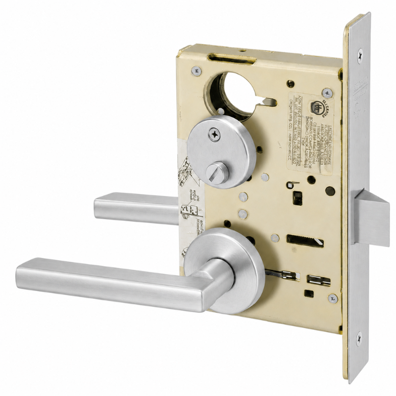 Sargent 8265-LNMD US26D satin chrome privacy mortise lock with MD lever, LN rose, and thumbturn