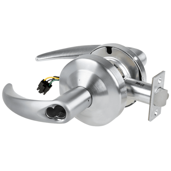 Schlage ND80JD-OME-RX 626 satin chrome storeroom cylindrical lock with Omega lever and request-to-exit wiring