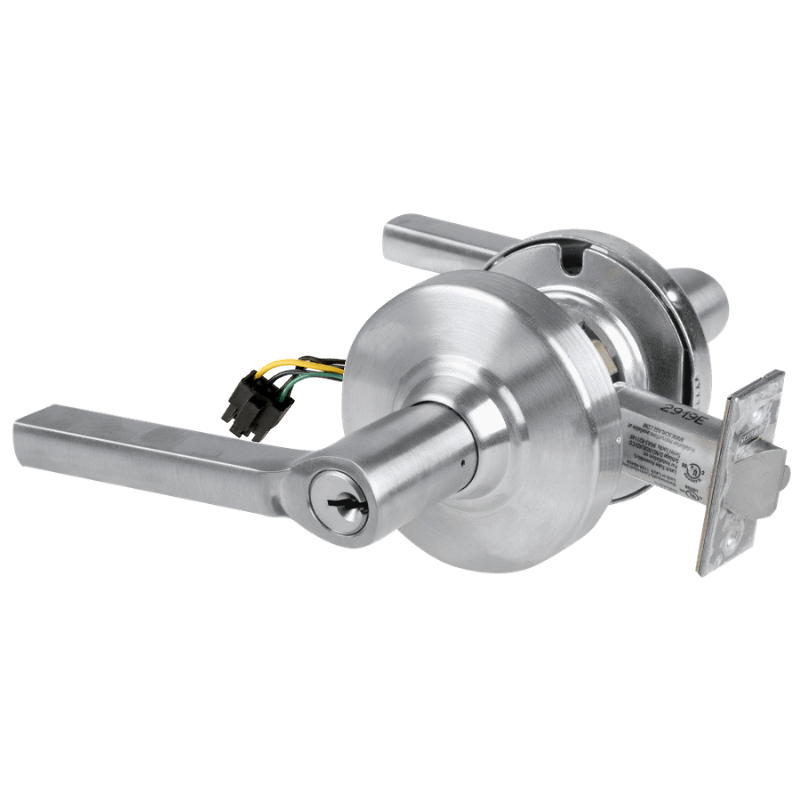 Schlage ND80PD-EL-LAT 626 electrified storeroom lock with Latitude lever, brushed chrome finish