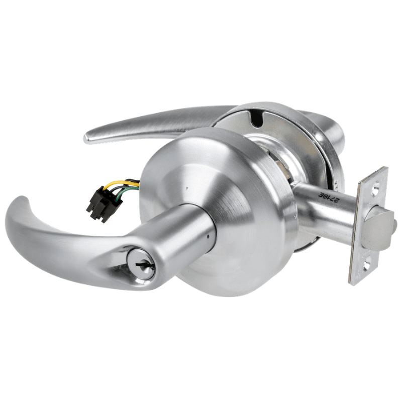Schlage ND80PD-EL-OME-626 electrified storeroom cylindrical lock, satin chrome, Omega lever with key cylinder