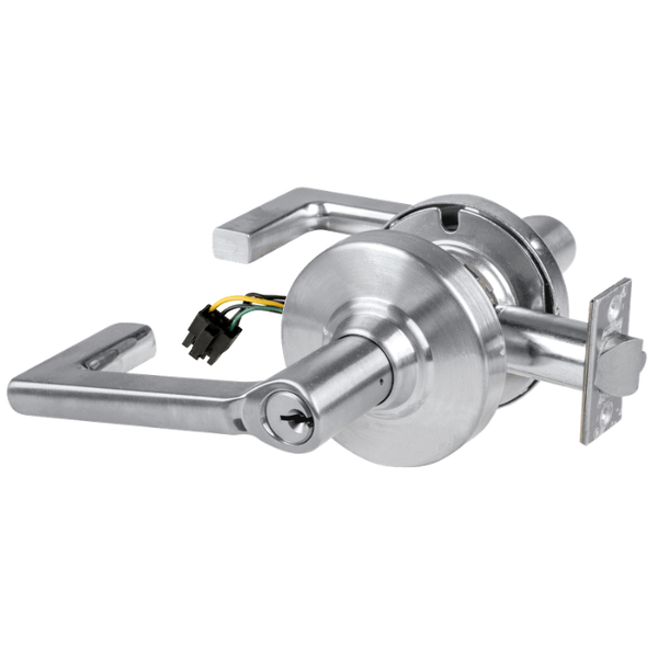 Schlage ND80PD-EU-LON-626 electrified storeroom lock, satin chrome, Longitude lever with keyed cylinder