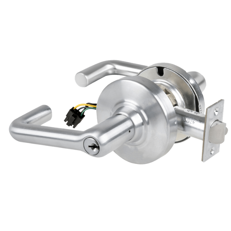 Schlage ND80PD-EU-TLR 626 electrified storeroom cylindrical lock, satin chrome, tubular lever with keyed cylinder