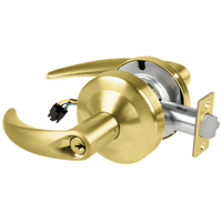Schlage ND80PD-OME-RX-606 storeroom lock in satin brass, Omega lever with keyed cylinder and latch