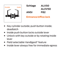 Schlage ALX50B-LAT Office Cylindrical Lock, Latitude Lever, SFIC Less Core
