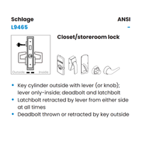 Schlage L9465-LB-RH-134 Closet Mortise Lock with Deadbolt, Lock Body Only, Grade 1, Right Handed, Field Reversible