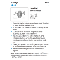 Schlage ND44S hospital privacy lock function diagram