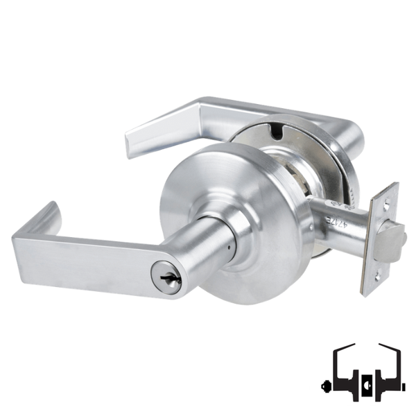 Schlage ND50PD RHO 626 entrance lock, satin chrome cylindrical lockset with Rhodes lever and keyed cylinder