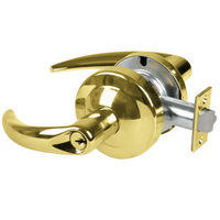Schlage ND70PD-OME 605 classroom cylindrical lock, bright brass, Omega lever with keyed cylinder and latch