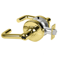 Schlage ND80BD-TLR-605 storeroom cylindrical lock with tubular lever, polished brass finish, latch shown