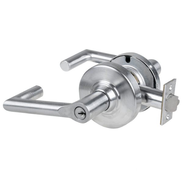 Schlage ND80PD-BRK storeroom lock, Boardwalk lever, satin chrome 626, keyed cylinder and latch