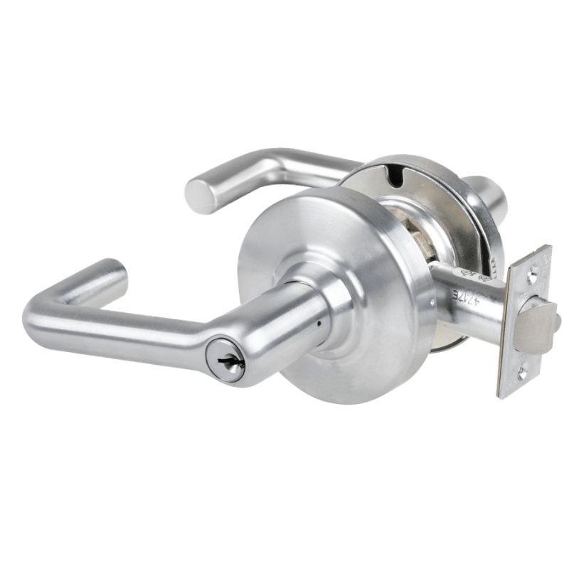 Schlage ND80PD-TLR 626 storeroom cylindrical lock, satin chrome, tubular lever with keyed cylinder and latch