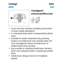 Schlage ND91JD-TLR Vandlgard Entrance/Office Cylindrical Lock, FSIC Less Core, TLR Lever